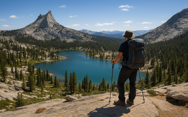 Backpacker overlooking Cathedral Lakes in Yosemite National Park with granite peaks and alpine basin in summer 2025