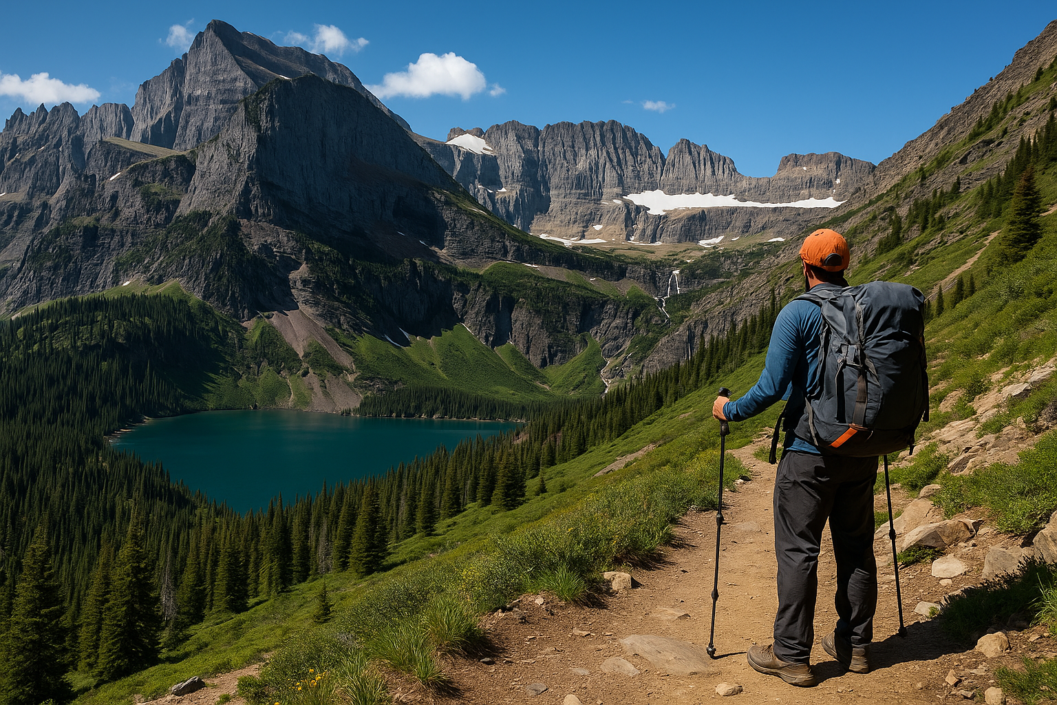Backpacker hiking the Highline Trail ridgeline in Glacier National Park with turquoise alpine lake and jagged mountain peaks in summer 2025
