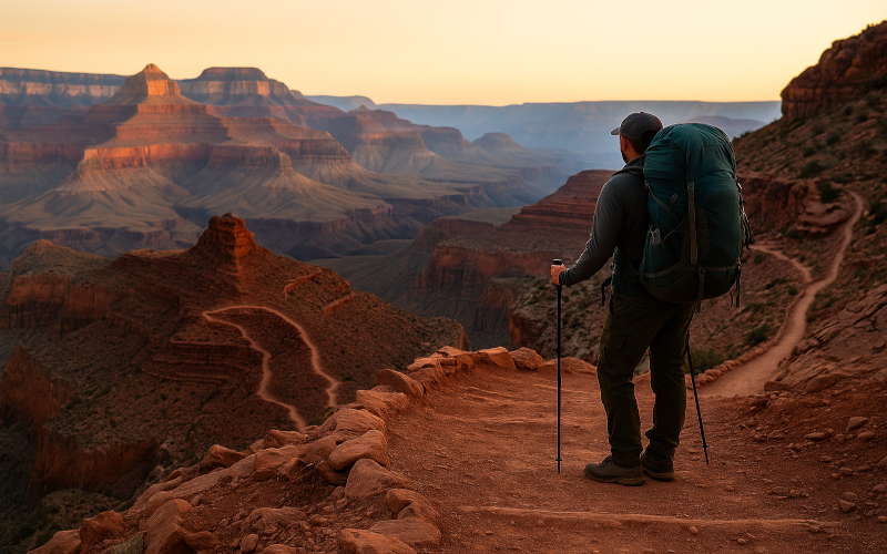 Backpacker descending South Kaibab Trail switchbacks at dawn in Grand Canyon National Park with glowing red cliffs and layered canyon views