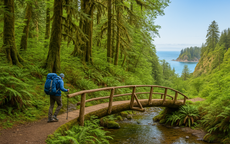 Backpacker crossing a moss-covered wooden footbridge in the Hoh Rainforest, Olympic National Park with lush green ferns, towering trees, and ocean headland in the distance