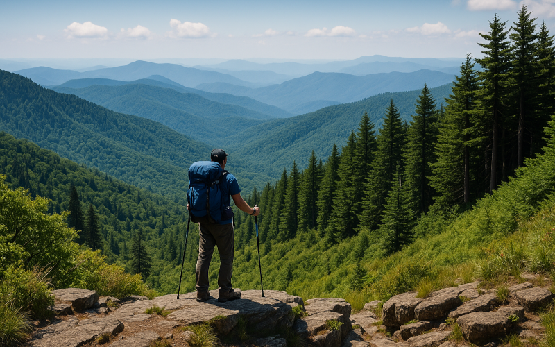 Backpacker standing on Appalachian ridgeline in Great Smoky Mountains National Park with spruce-fir forest and layered blue ridges in summer 2025