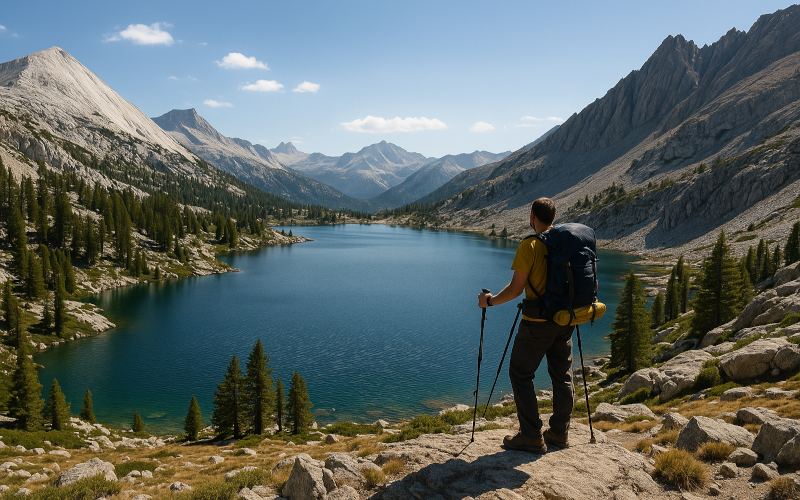 Backpacker overlooking Rae Lakes from Glen Pass ridge in Sequoia-Kings Canyon National Park with granite peaks and alpine lakes under bright summer skies